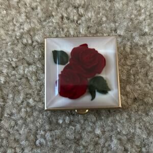 Vintage Bircraft brass and acrylic pill box with red rose Shadowbox lid